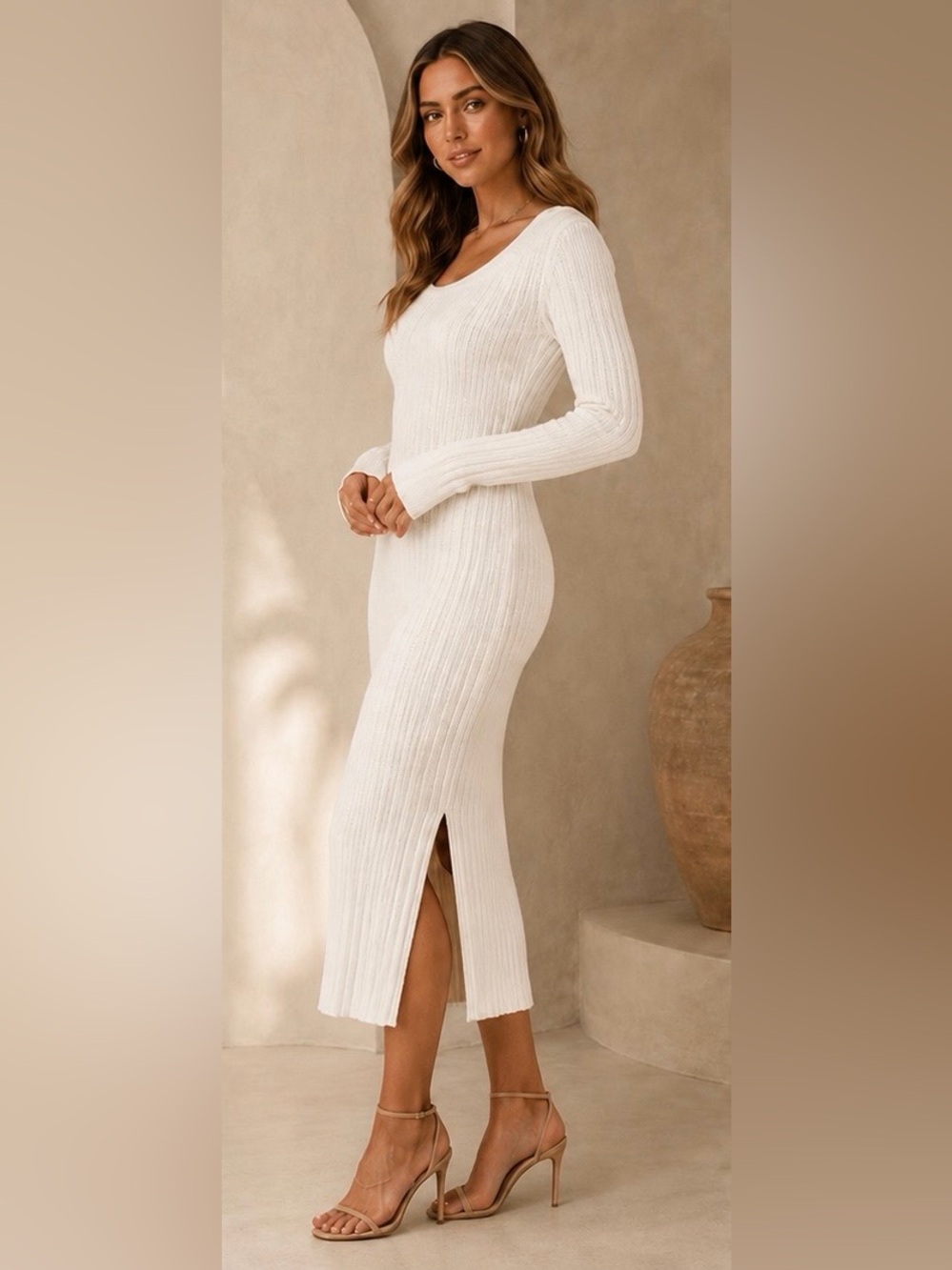 Abercrombie & Fitch Ivory Ribbed Knit Midi Sweater Dress Side Slit, Size XL